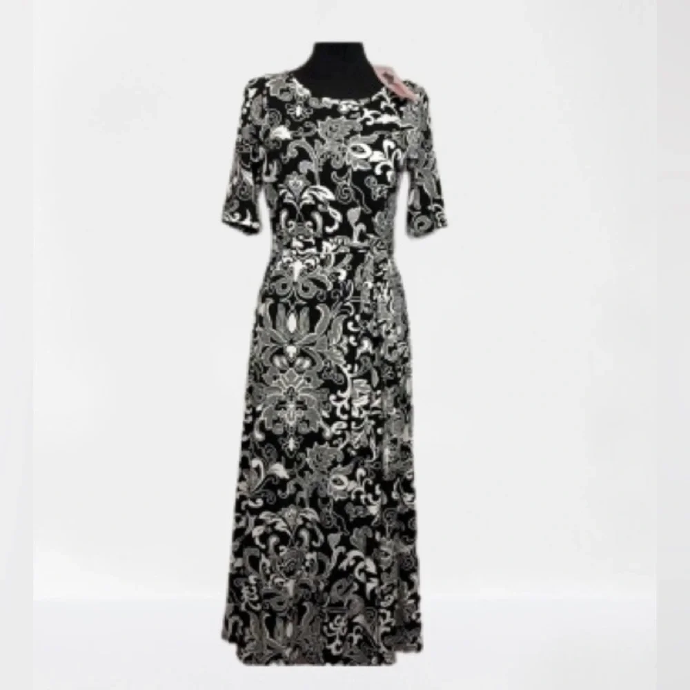 NWT Nina Leonard Miracle Matte Jersey Maxi-dress Sz Small Floral Scroll - Picture 1 of 12